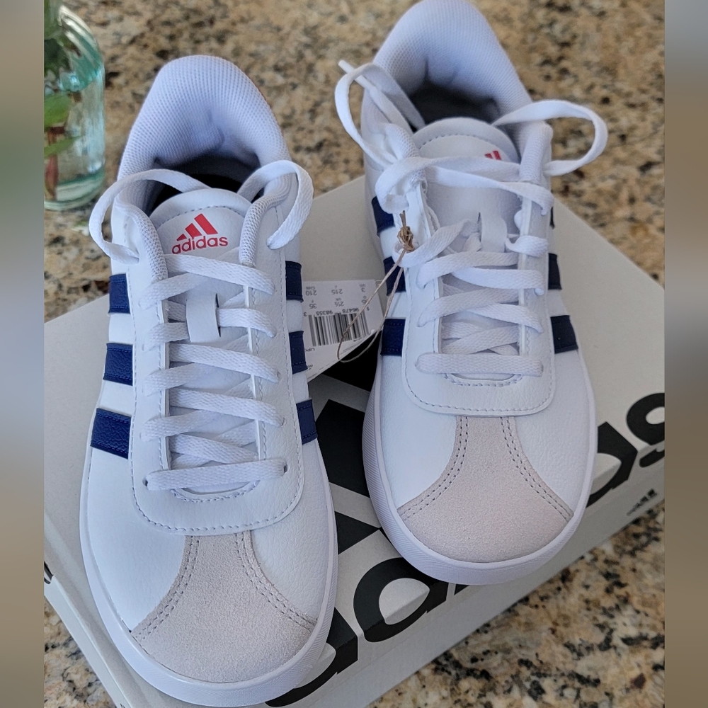 Kids Adidas White and Navy Sneakers